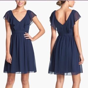 Jenny Yoo Isabel Navy Blue Chiffon Fit and Flare Dress